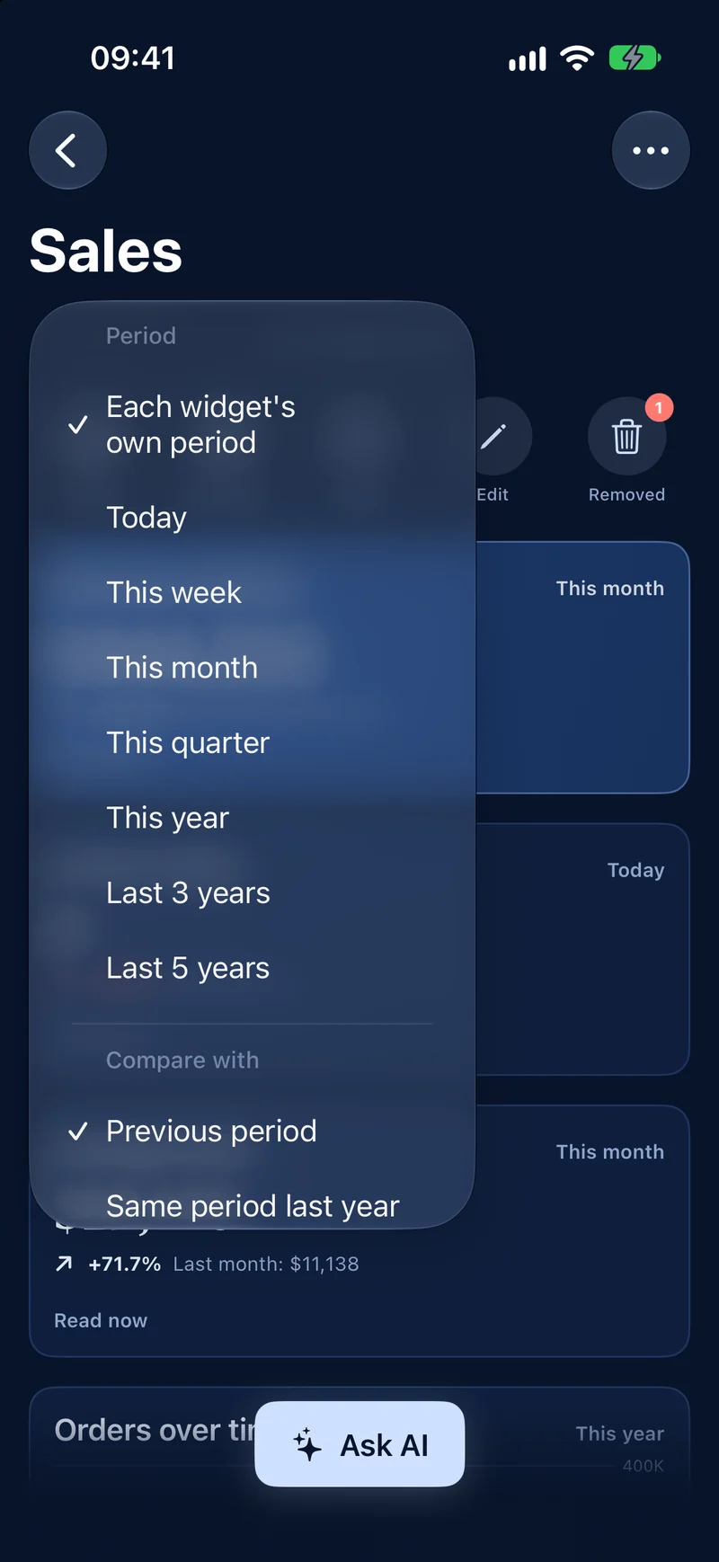 The period and comparison menu of a dashboard