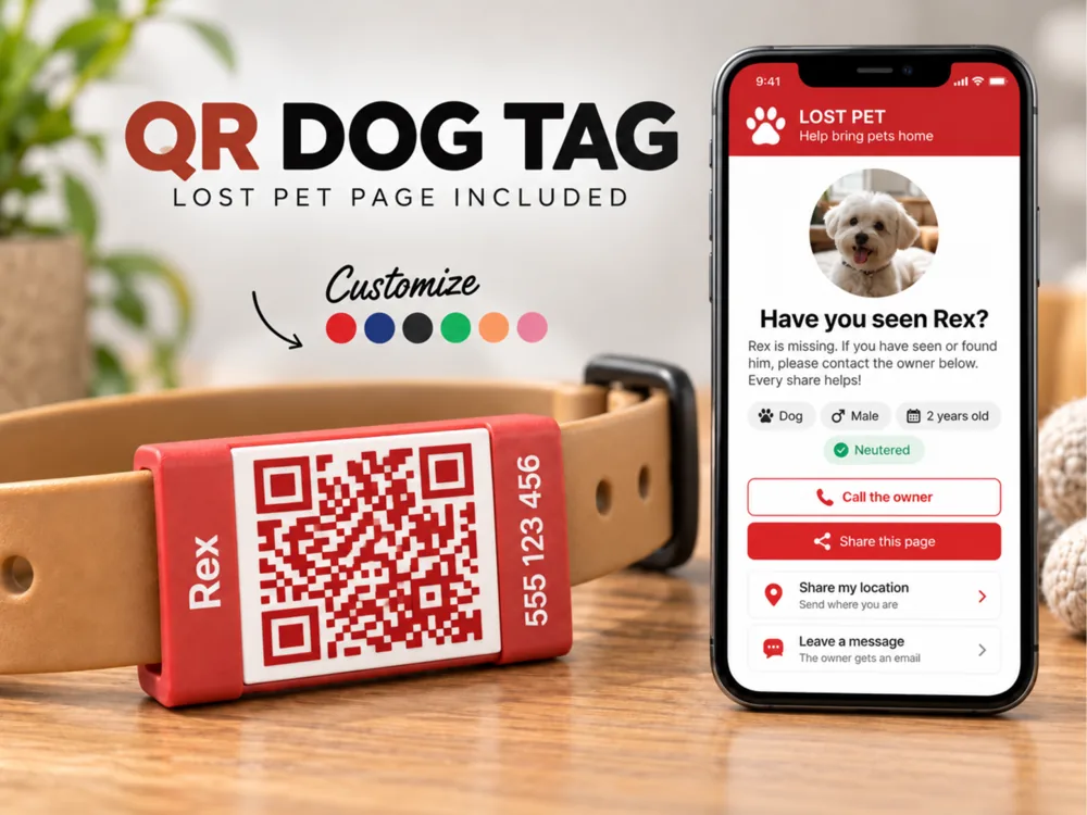 MyPetTag QR dog tag on a collar, next to the lost pet page on a phone