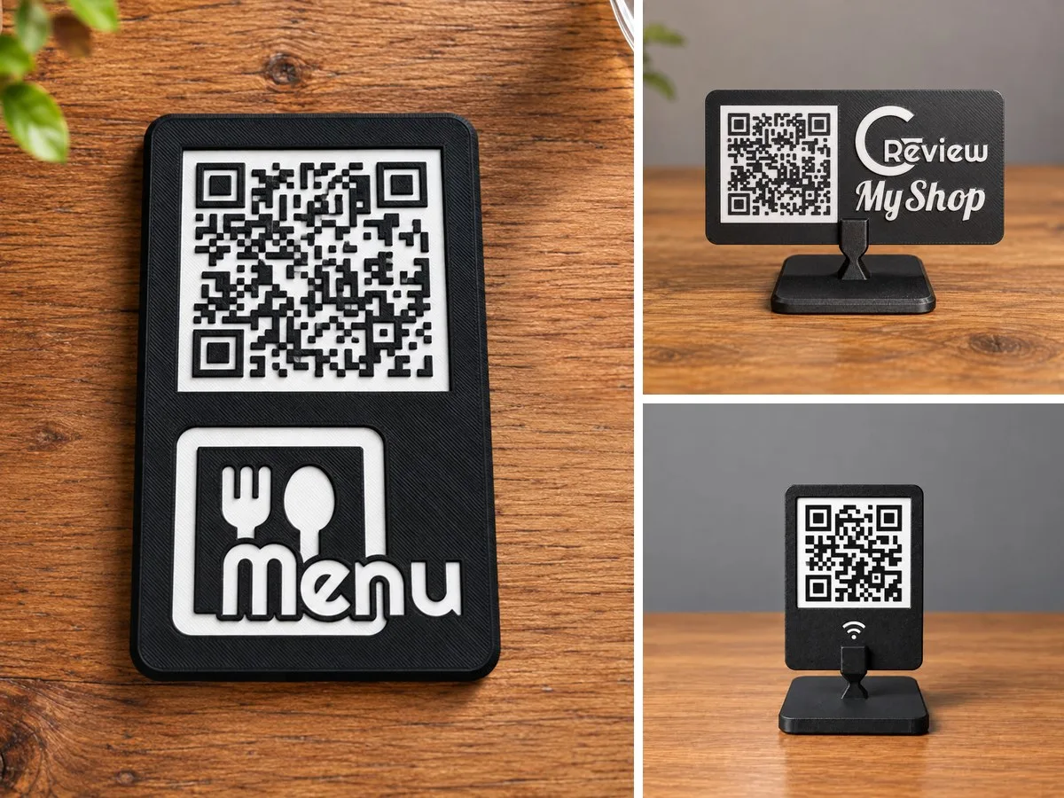 Customizable QR code with its stand, printed in black and white
