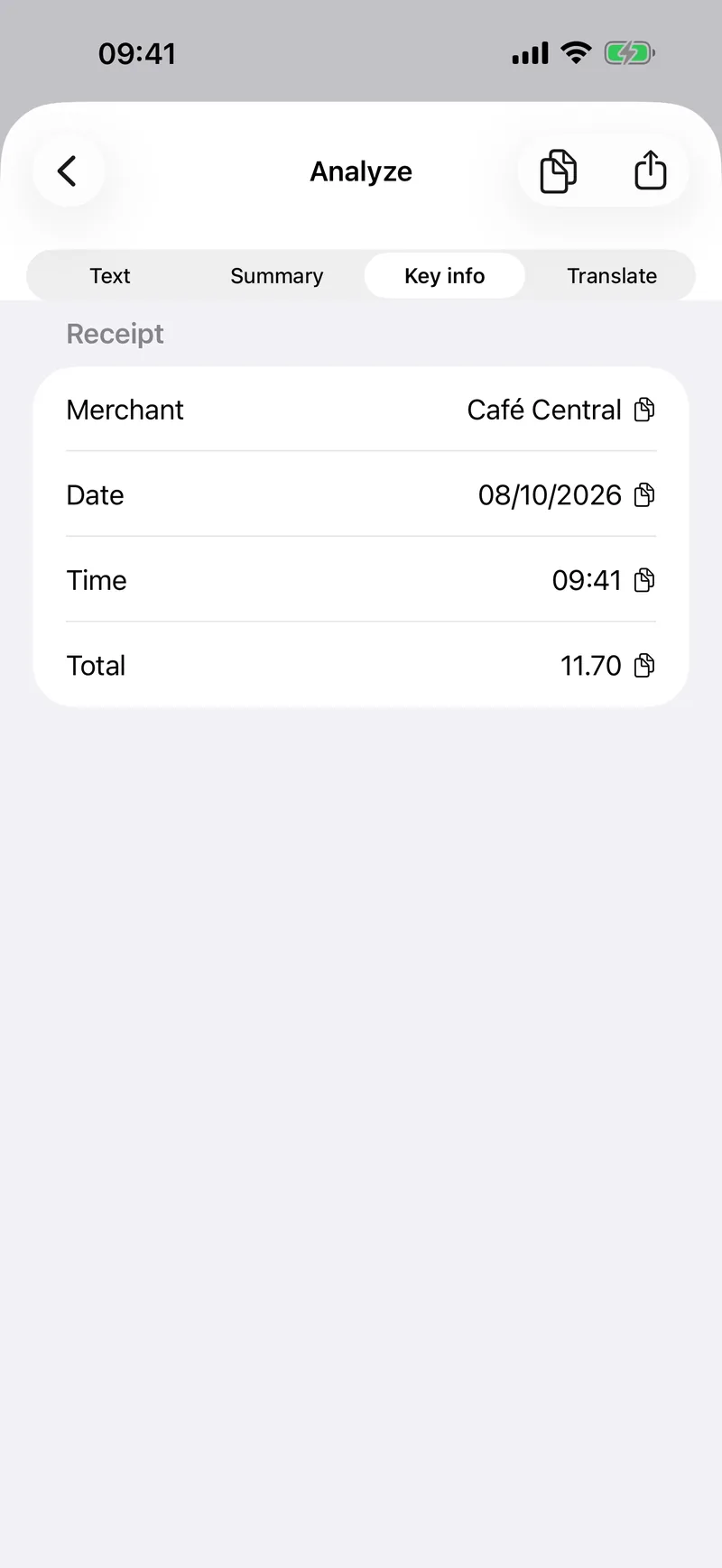 The key information of a receipt, ready to copy