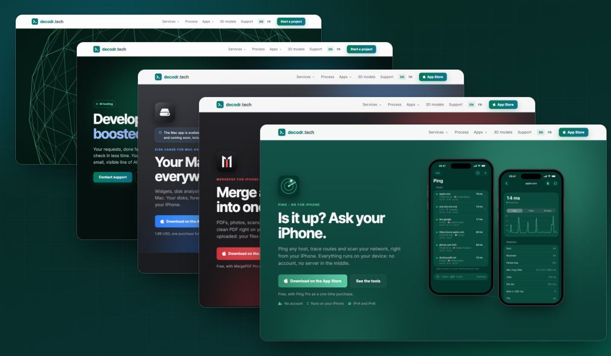 Pages of decodr.tech, each on its own brand