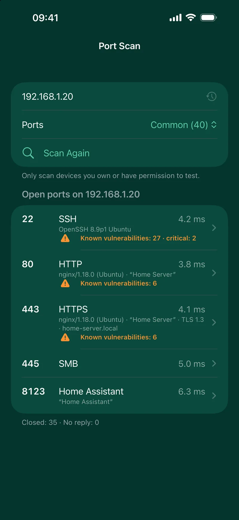 Open ports of a device with the software behind each one