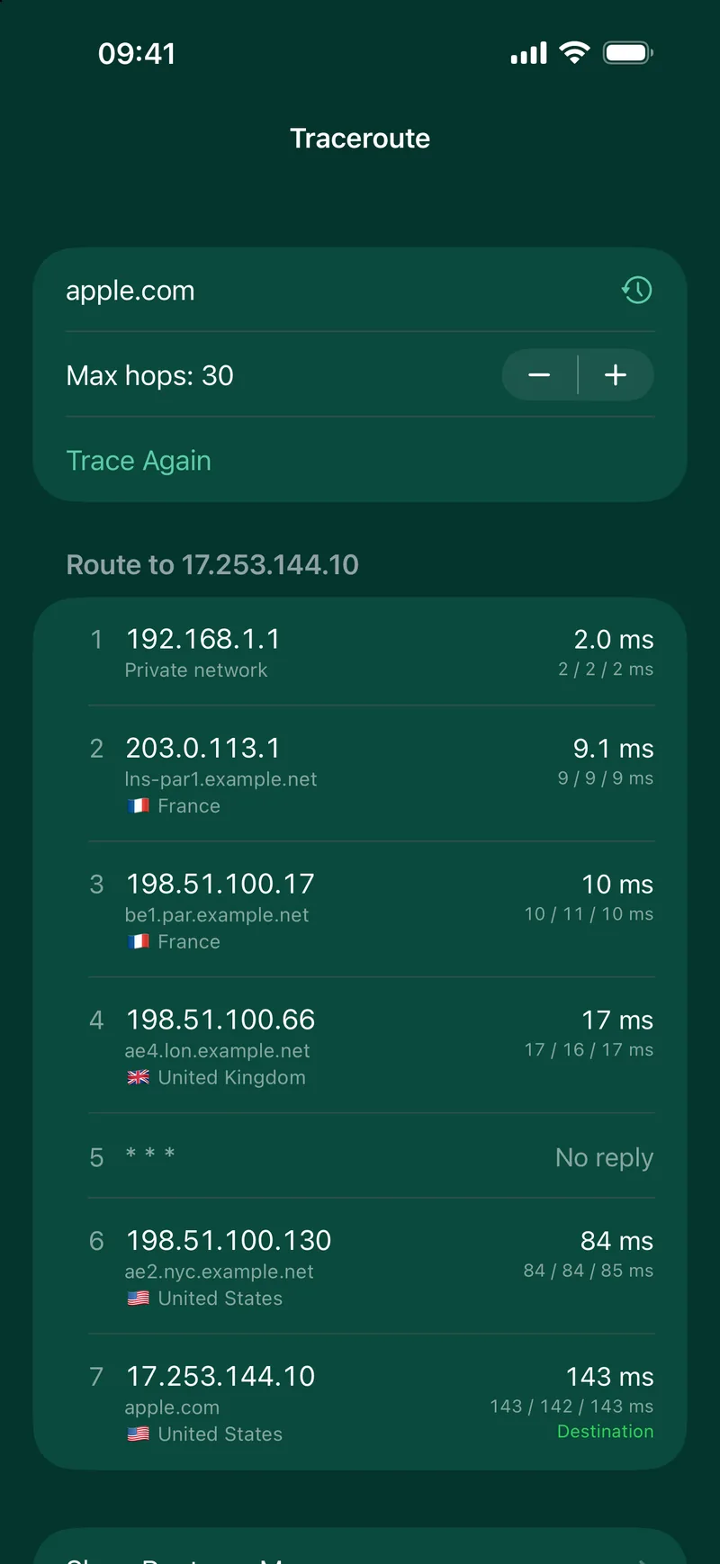 Every hop of the route with its latency