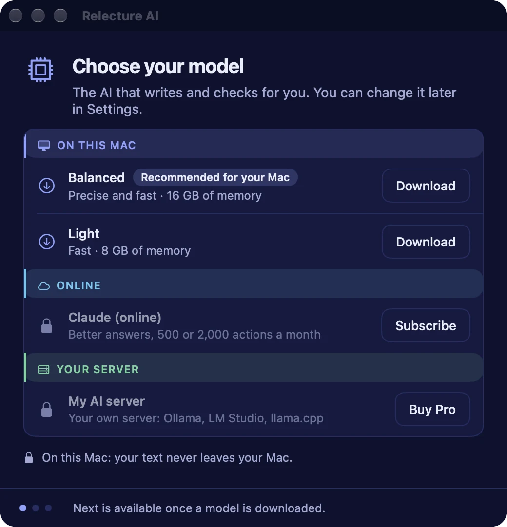 The Get started window of Relecture AI, step Choose your model