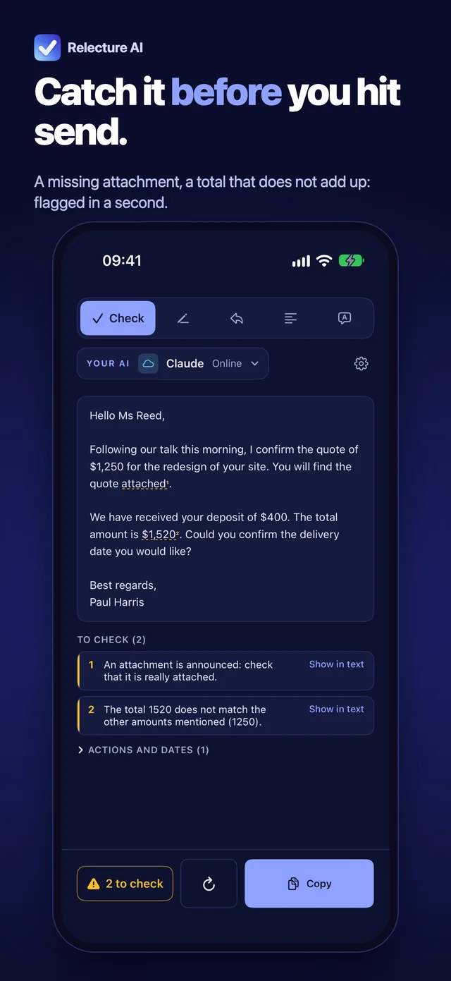 Relecture AI on iPhone: the Check tab with two alerts and the Copy bar