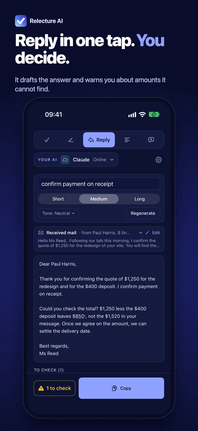 Relecture AI on iPhone: a reply drafted with Claude and the alerts chip