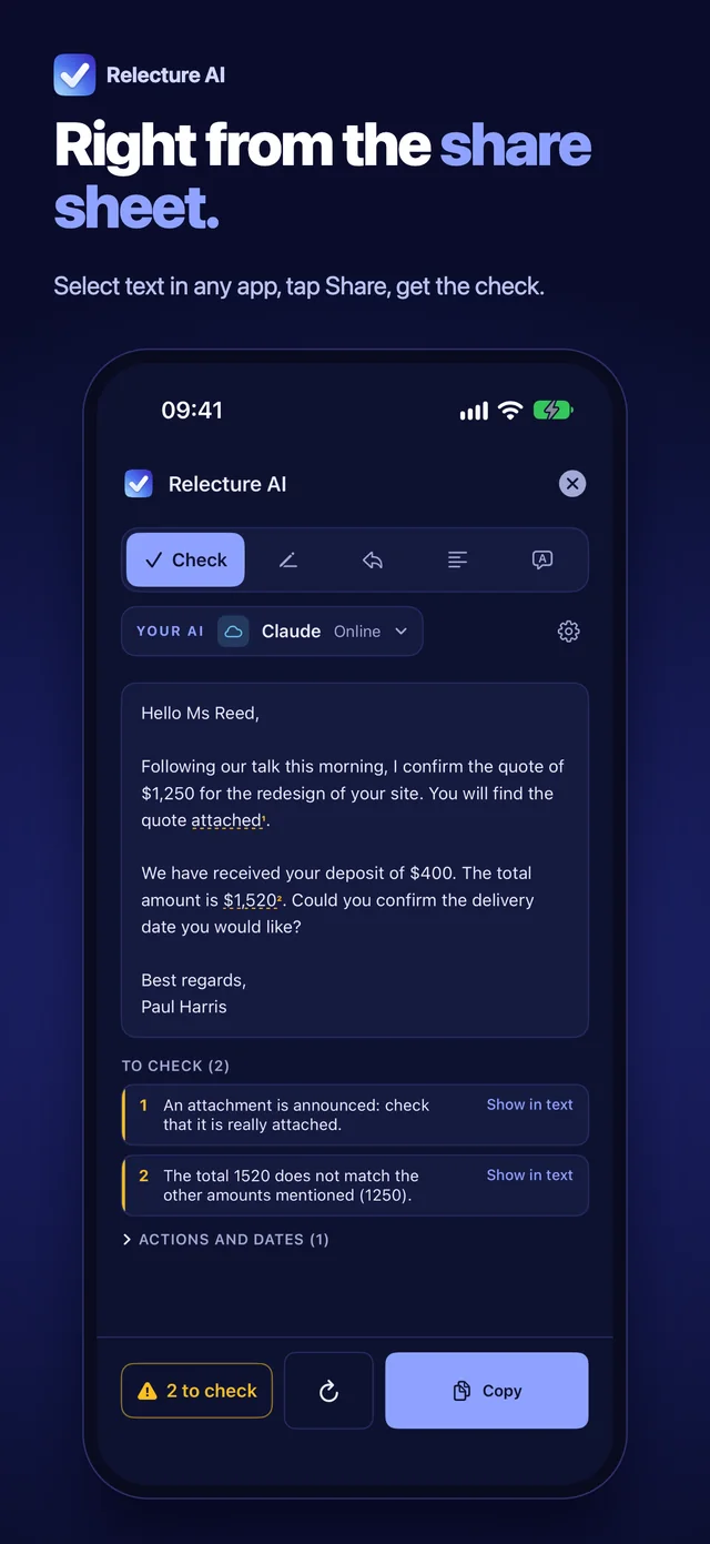 Relecture AI in the iPhone Share sheet, with the check result and Copy