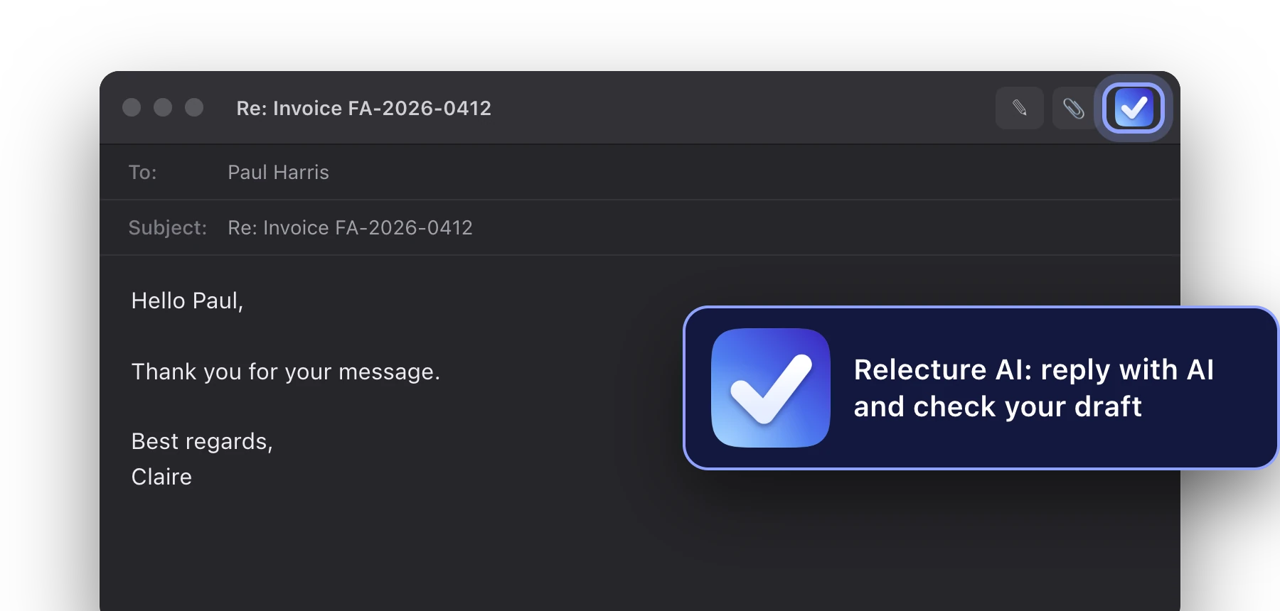 The Relecture AI button in the toolbar of a Mail compose window, with a frame and a zoom on it