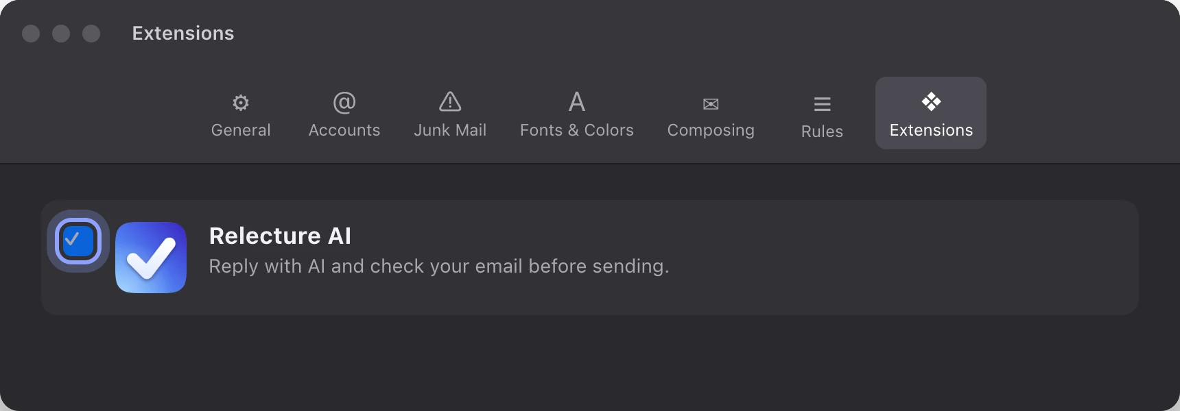 The Extensions tab of the Mail settings, with Relecture AI ticked