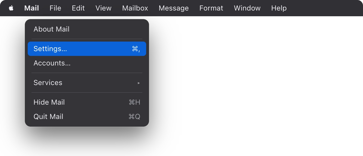 The Mail menu with Settings highlighted