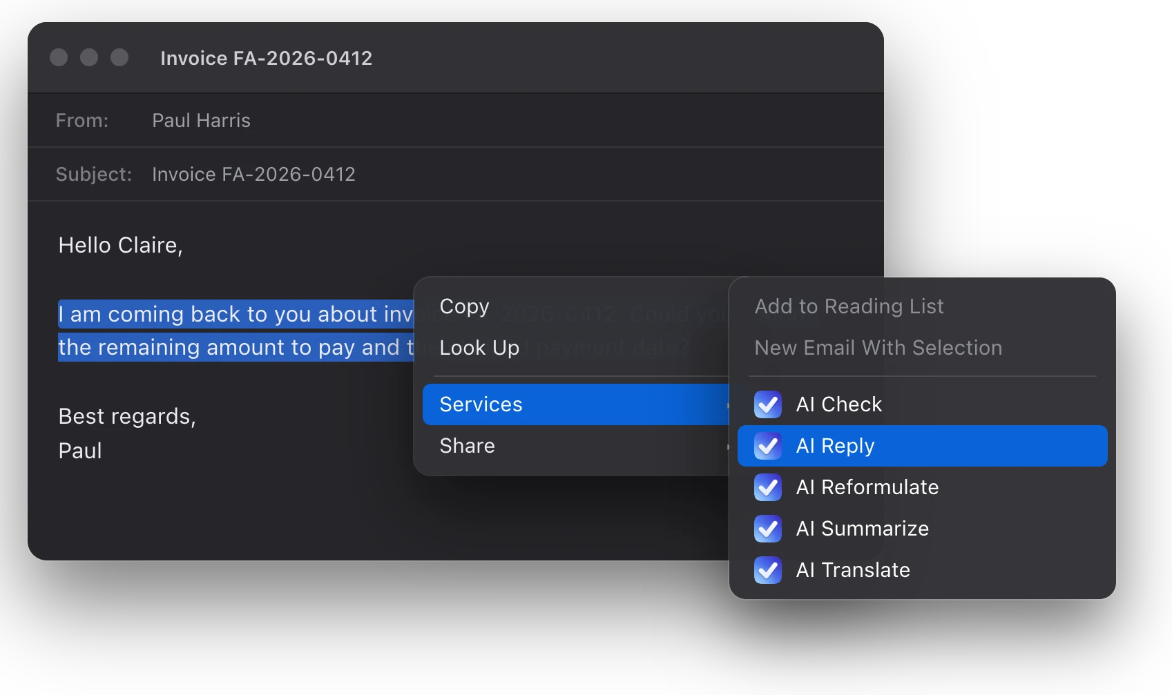 Right-click on selected text in Mail, Services, the five AI actions with AI Reply highlighted