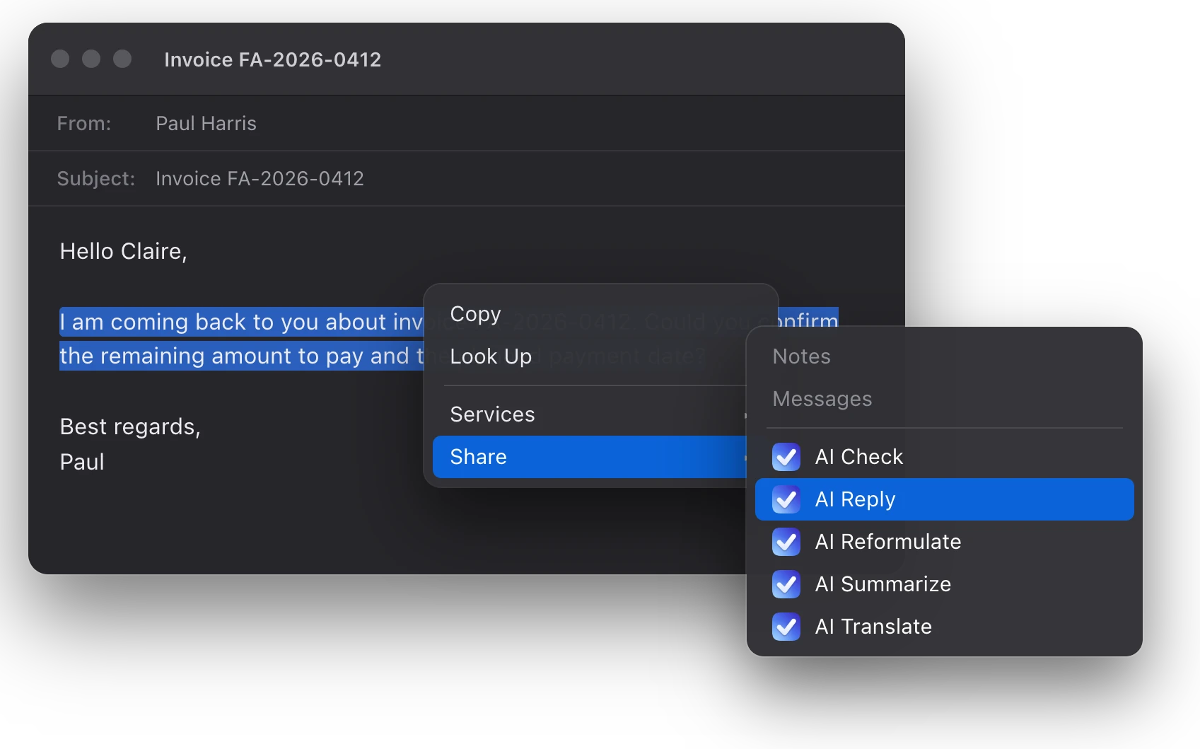 Right-click on selected text in Mail, Share, the five AI actions with AI Reply highlighted