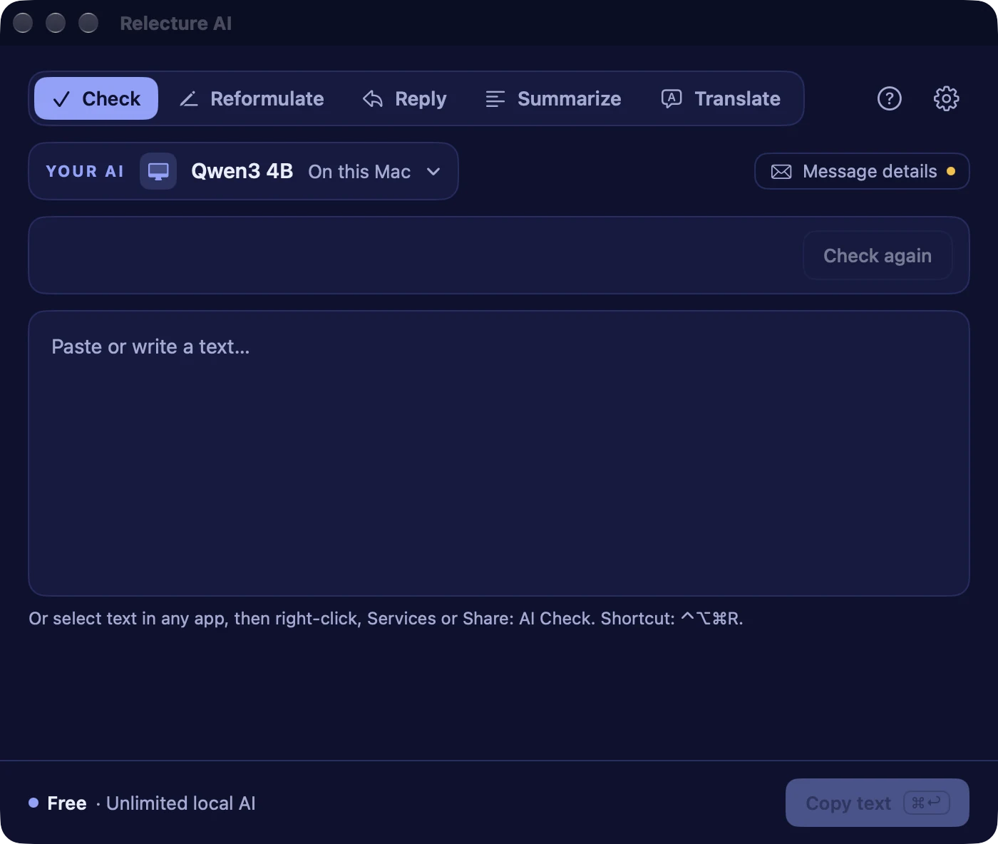 The Relecture AI main window, empty, ready for a text to be pasted