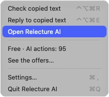 The Relecture AI menu in the menu bar