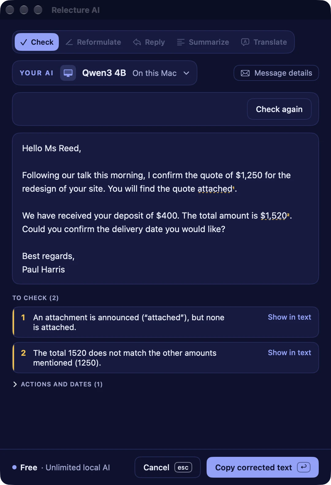 Relecture AI checking a mail: two alerts, a missing attachment and a total that does not match