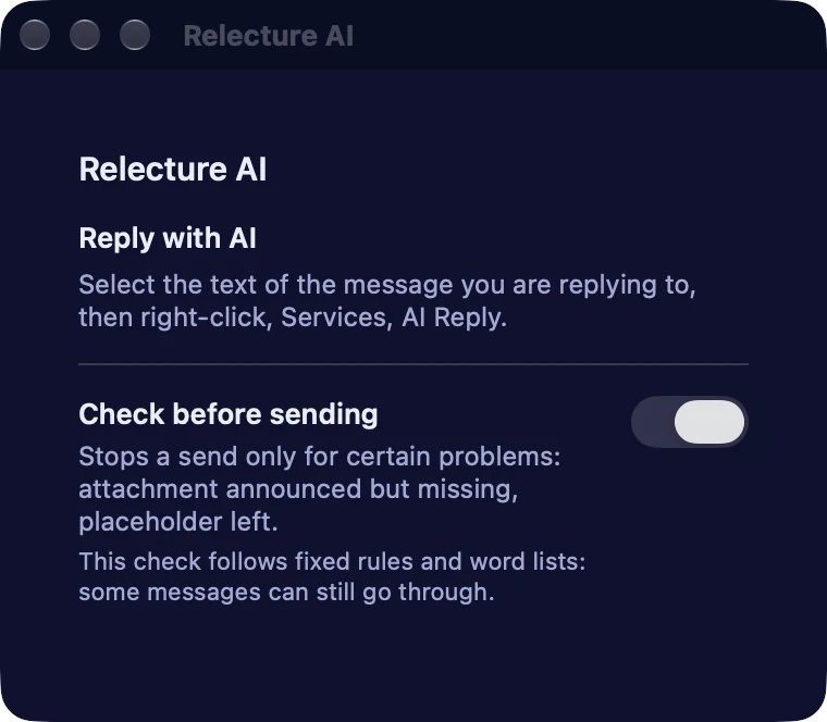 The Relecture AI panel of the Apple Mail compose window, with help and the check before sending