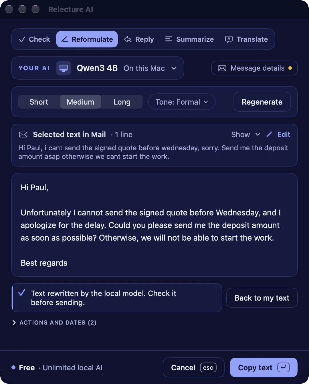 A mail rewritten by Relecture AI with the Undo and Regenerate buttons