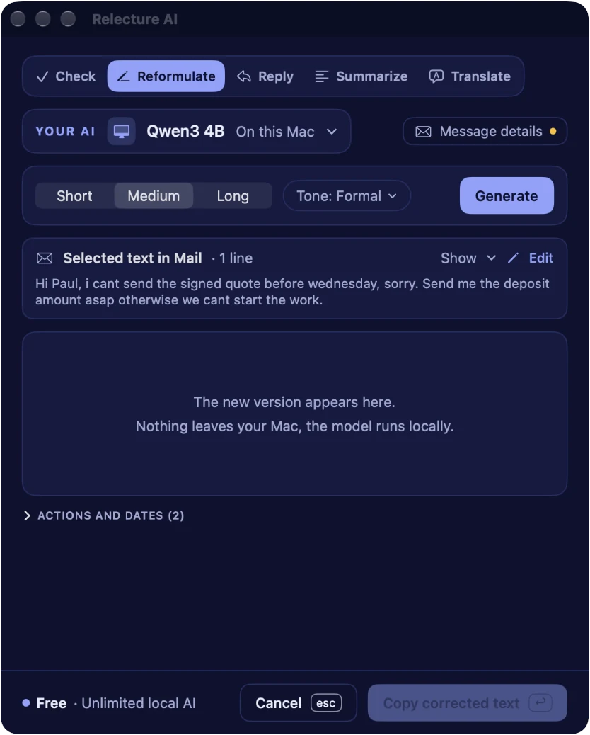 Relecture AI with a rough draft mail, ready to be reformulated