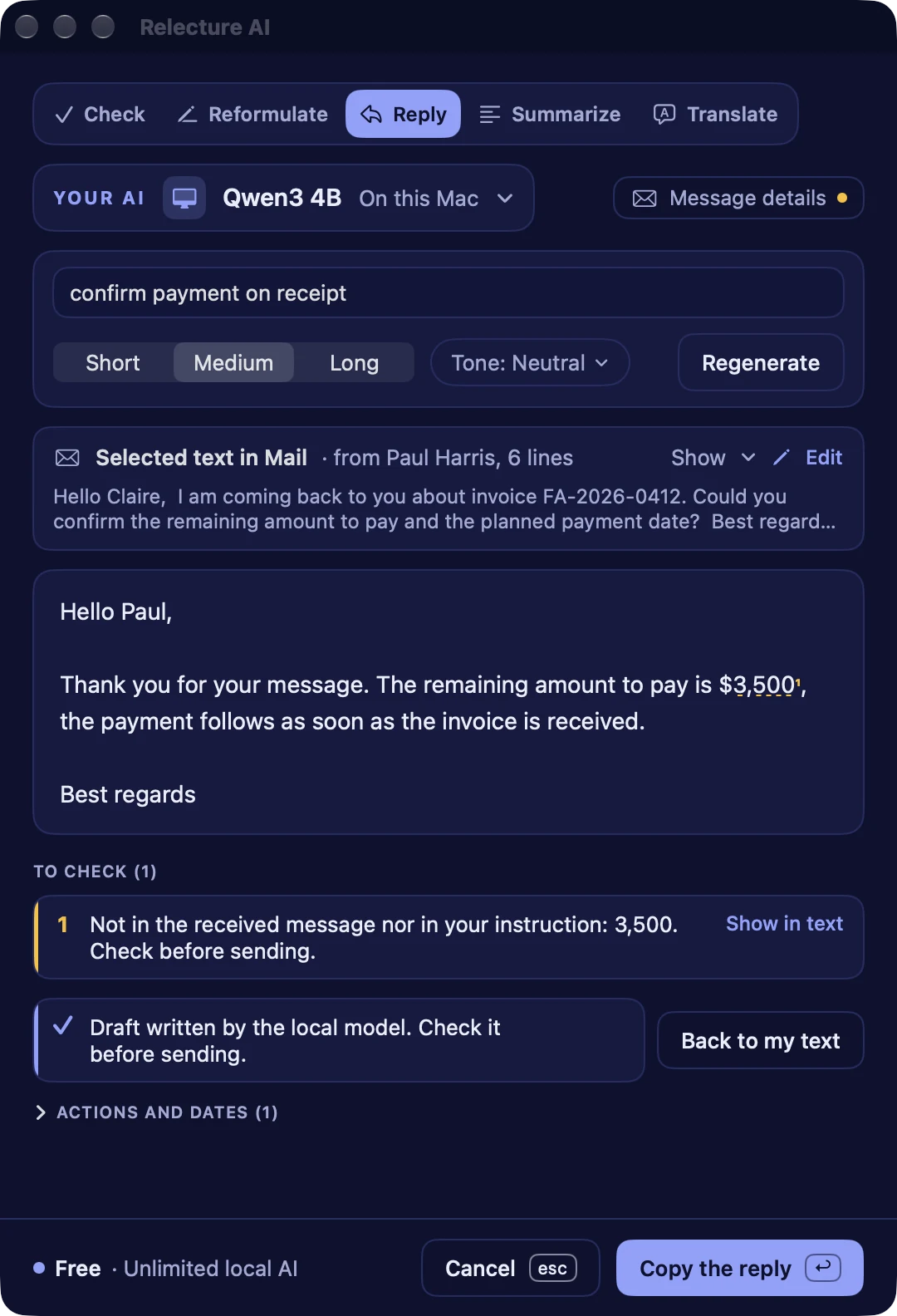 Relecture AI with a finished draft reply and an alert on an amount