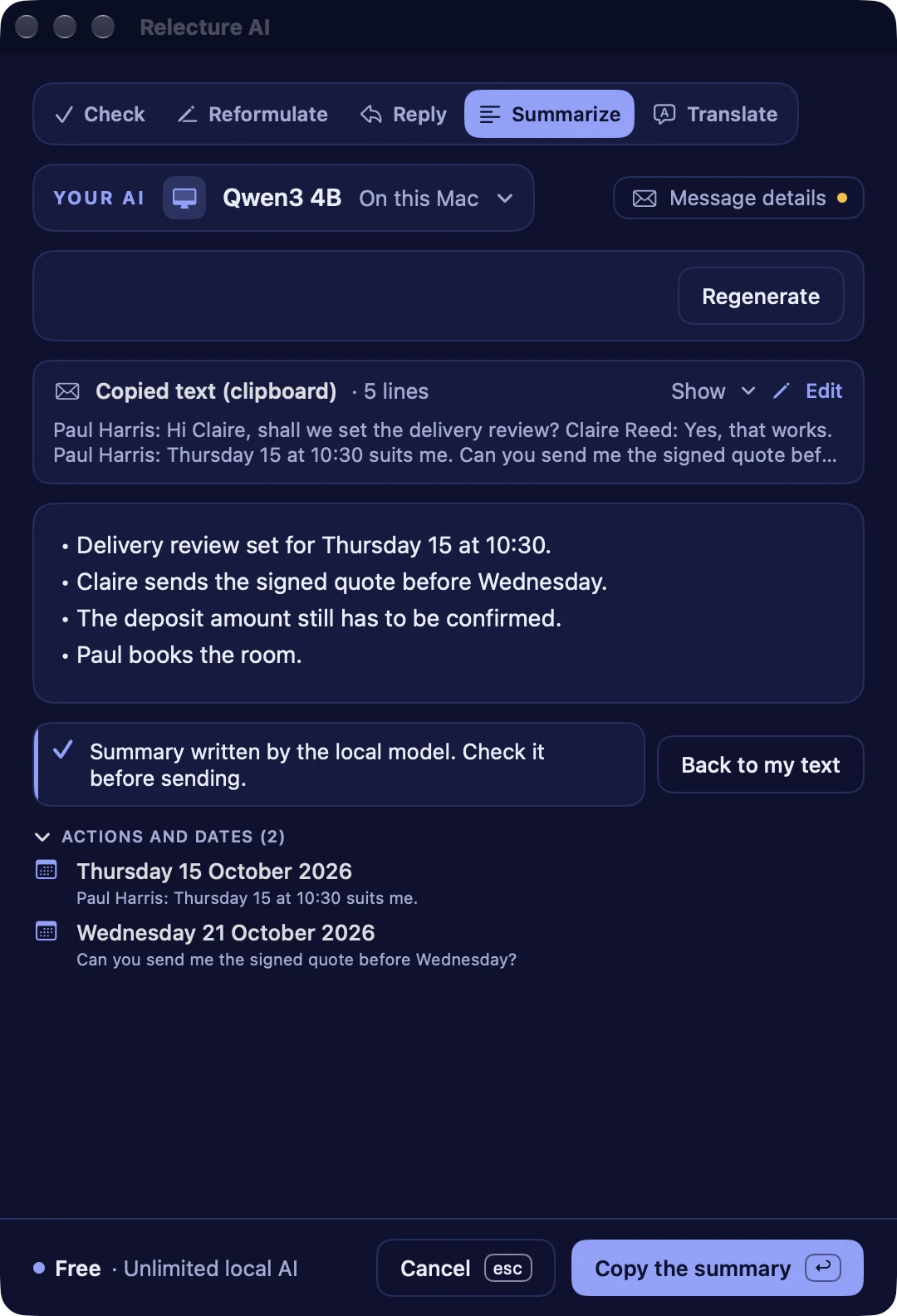Relecture AI summarizing a conversation, with the actions and dates extracted