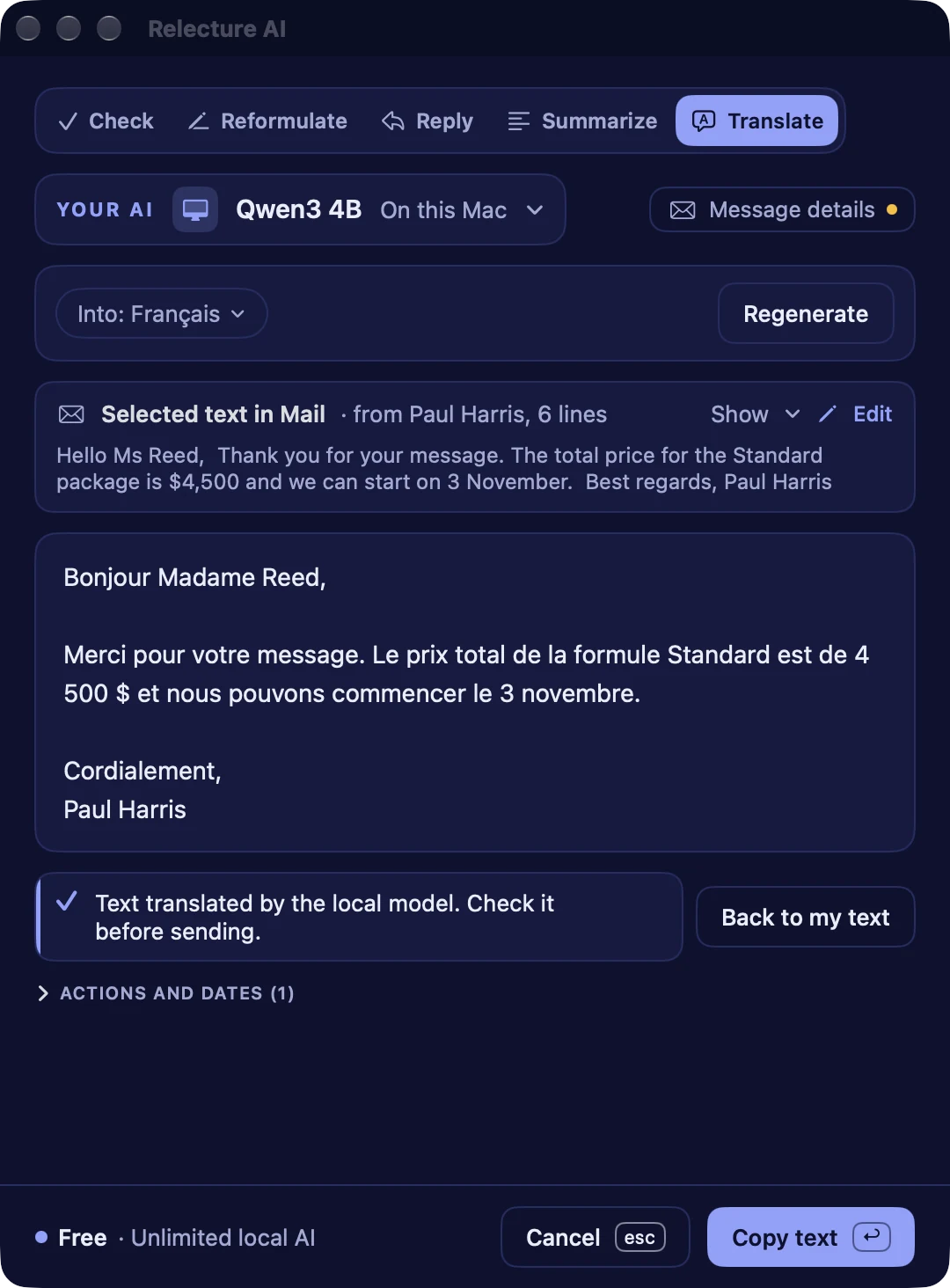 Relecture AI translating an English message into French, with the result to review